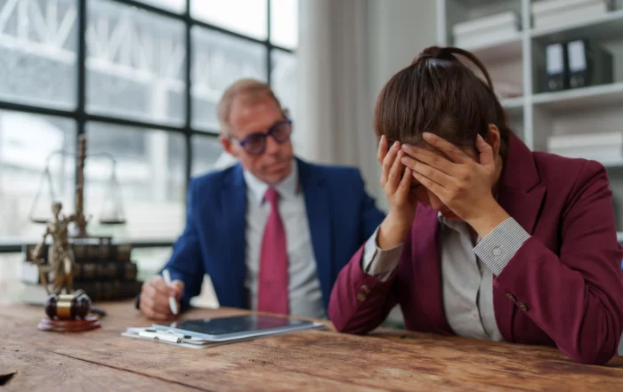 Distressed businesswoman covering her face at desk with concerned man beside her, illustrating emotional stress of losing inheritance and considering bankruptcy in West Virginia.